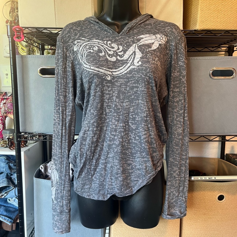 Women's Mesh Gray Hooded Long-Sleeve Top with Graphic